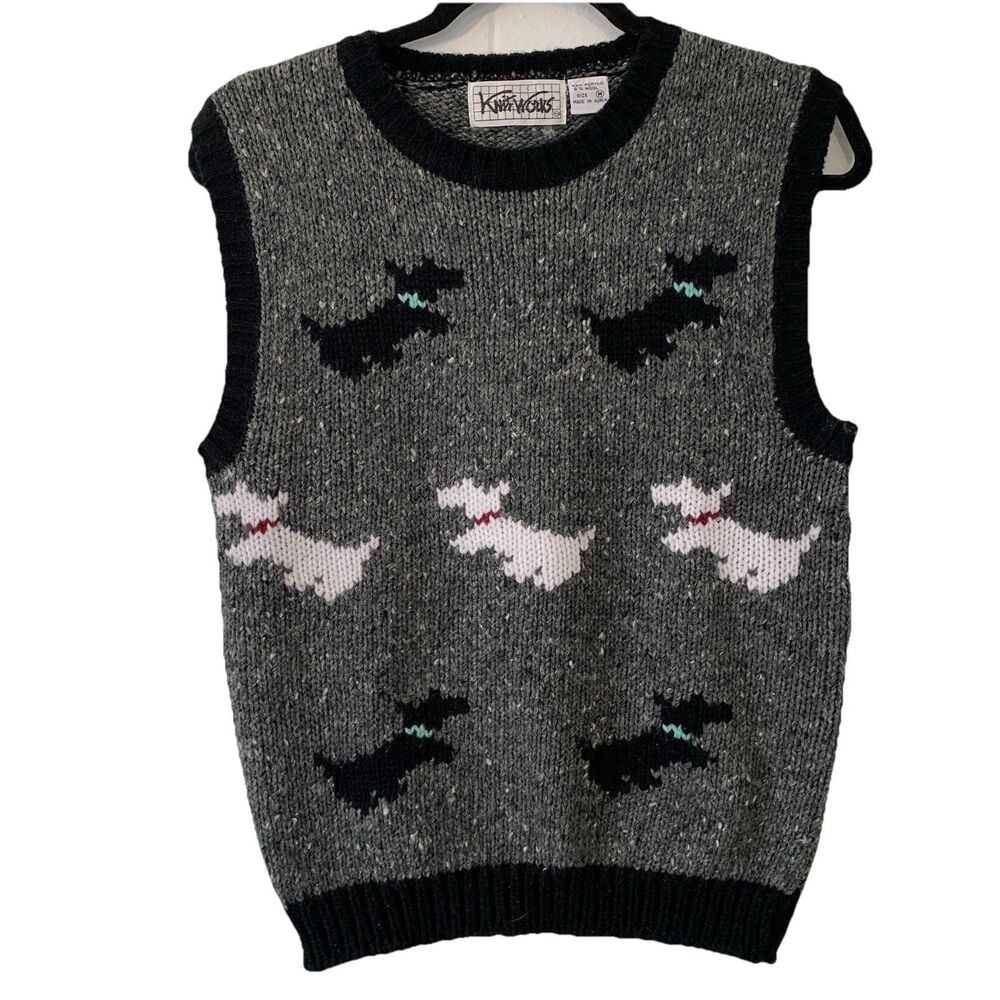 Vtg Knit Works Womens Medium Sweater Vest Scottie Dogs Wool Blend Preppy Money